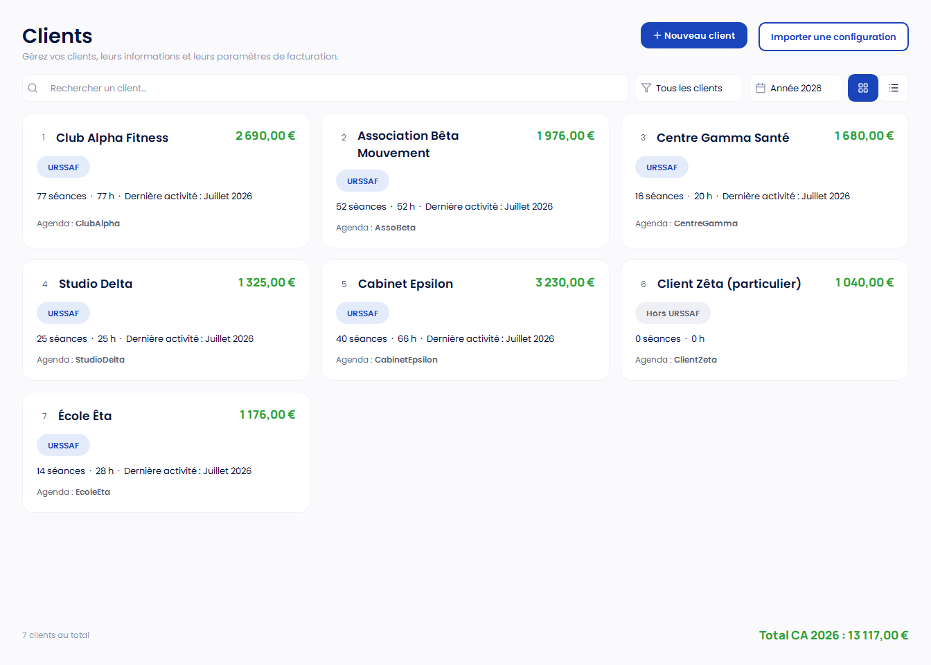 Vue Clients de Syncalys présentant plusieurs clients et leur activité.